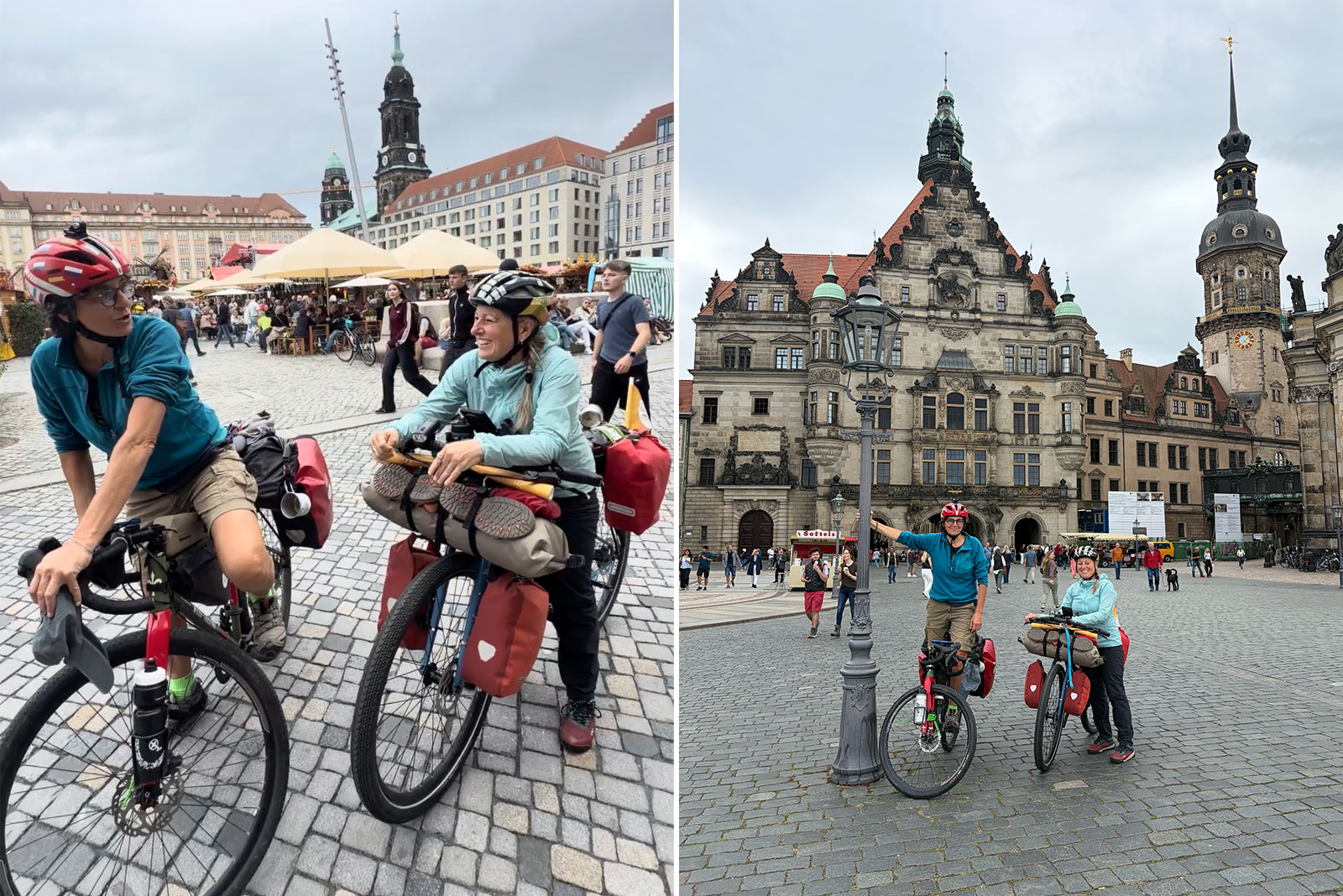 Le cicliste nella piazza del castello di Dresda