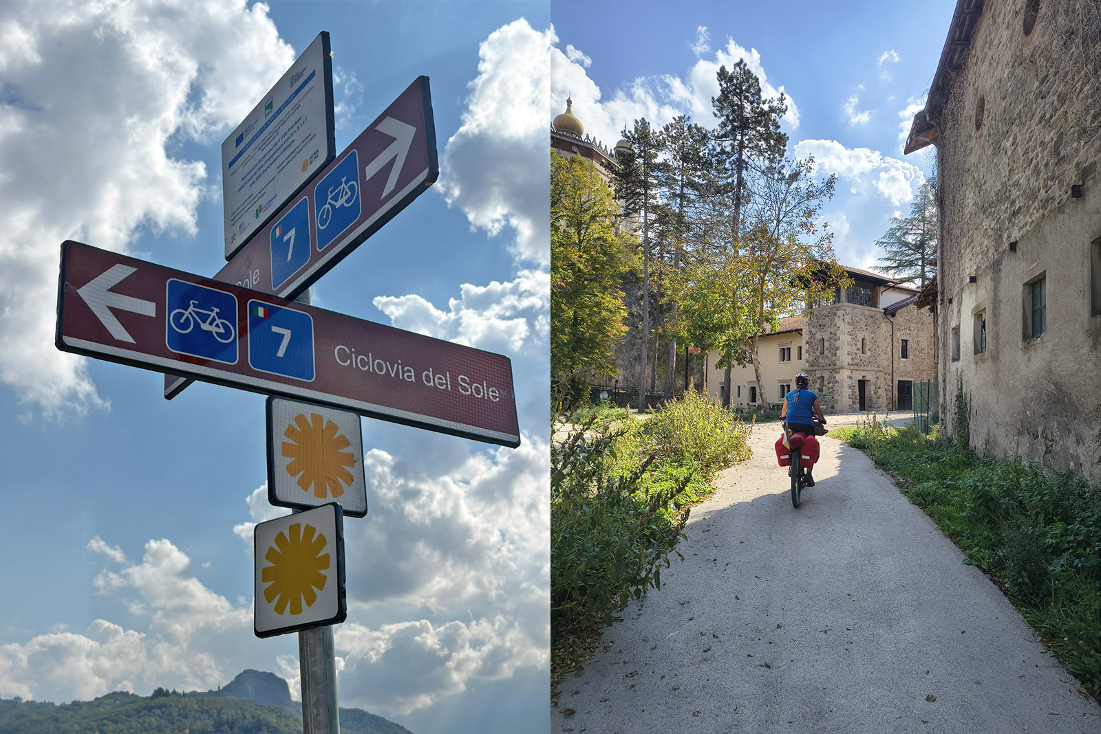 Cartelli Eurovelo 7 e scorcio borgo degli Appennini